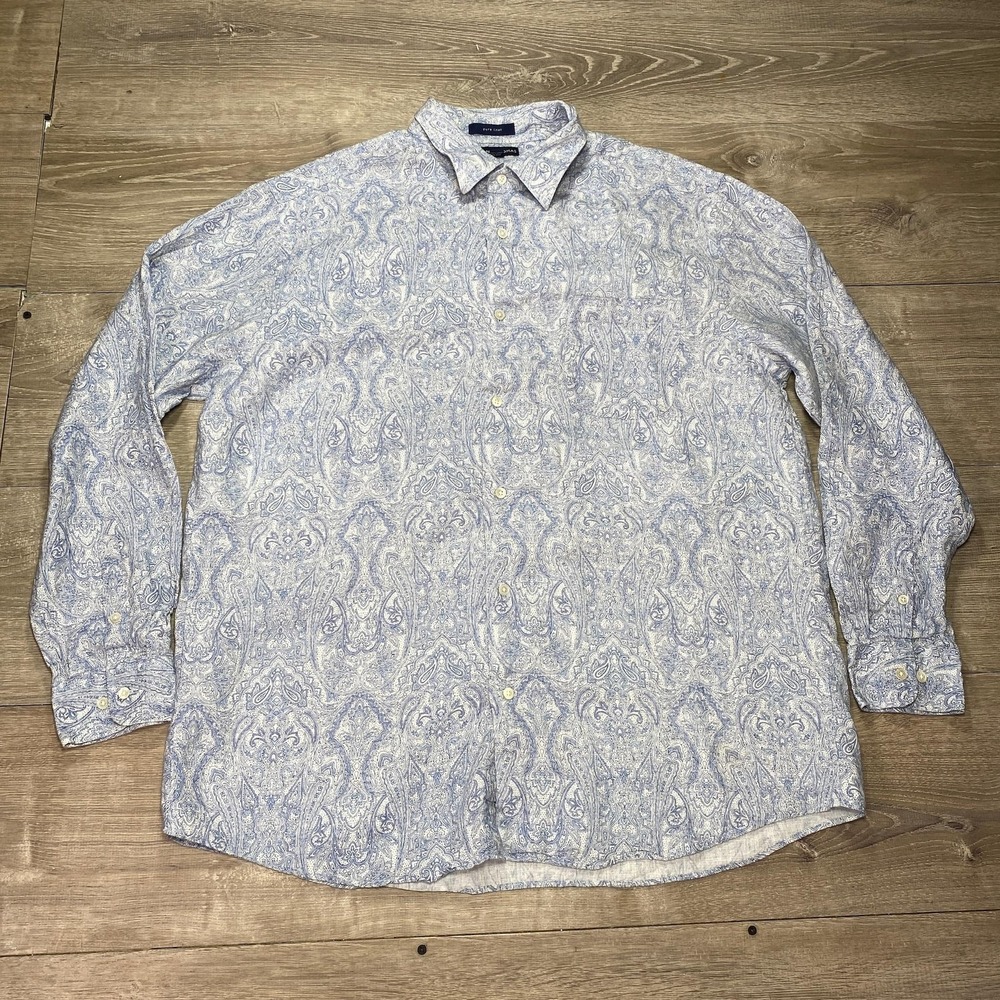 Grant Thomas Shirt Mens XL Blue White Paisley‎ Pure Linen Button Front Casual
